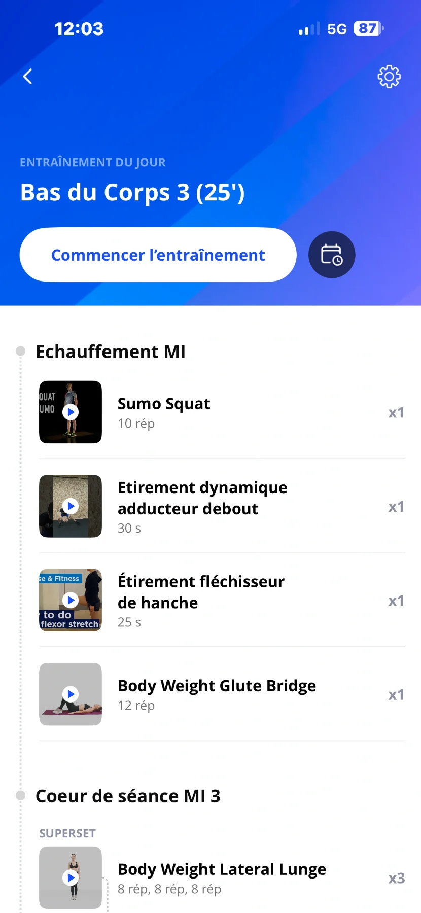 Séance du jour dans l'application Everfit